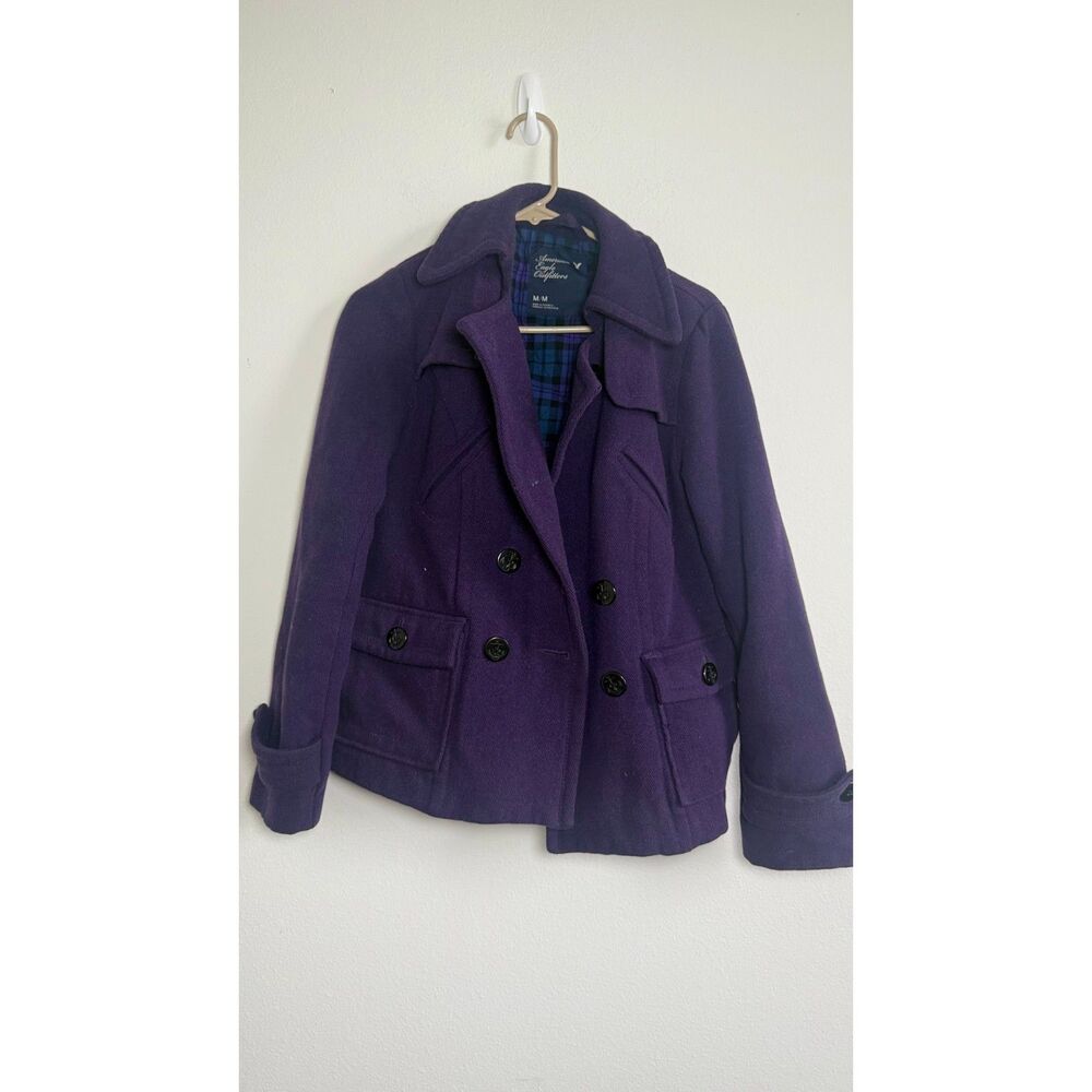 American Eagle Outfitters Women’s M Purple Wool Blend Peacoat Plaid Lined Jacket